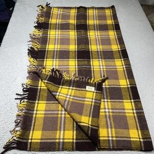 Vintage Faribo Wool Throw Blanket 50x60 Reversible Yellow Plaid Fringe USA